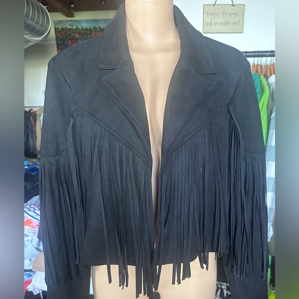 Black Bomber Jacket with Fringe Detail